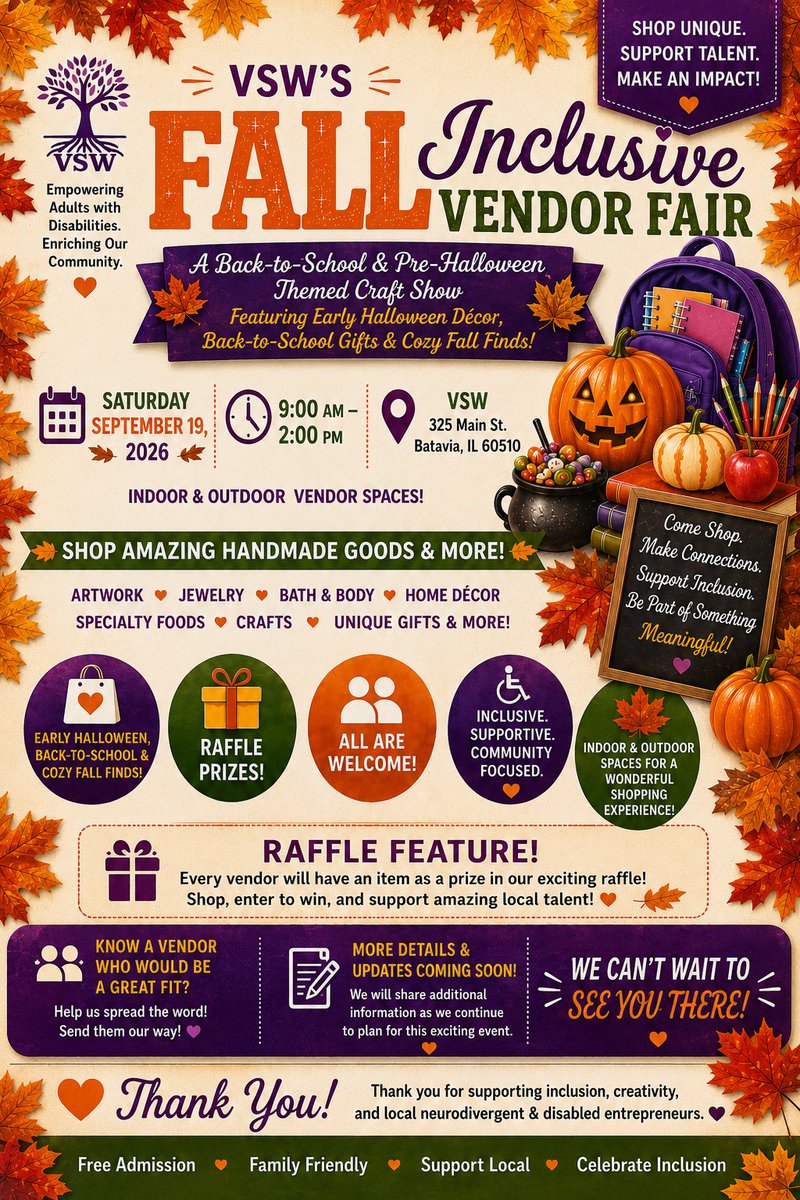 cloverridgeast's tweet photo. September 19, 9:00 AM to 2:00 PM. VSW’s Fall Inclusive Vendor Fair is free, with back-to-school and pre-Halloween crafts, plus a focus on inclusion at the Dunham Foundation. https://t.co/8gOT3tEaTY https://t.co/sml9eVVecX