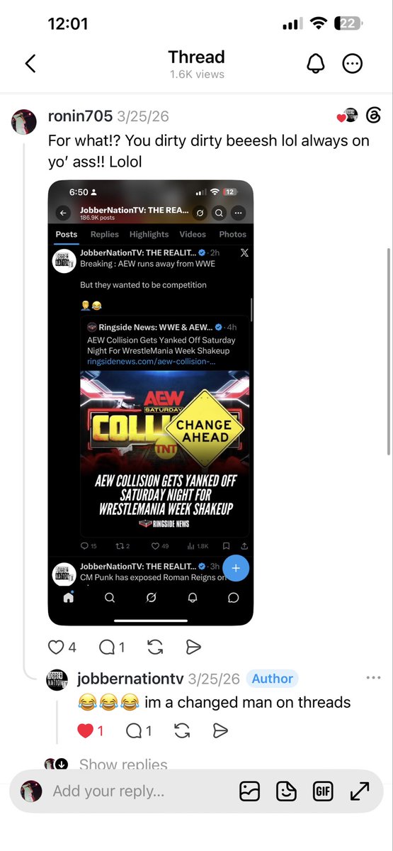 ronin705's tweet photo. Enoughs enough.. nobody listen to that bullshit GRIFTING engagement JEZEBEL (lol) @JobberNationTV . He doesnโt even keep it real, cuz he only stopped posting on threads once he got busted for being WAY MORE PRO-AEW (trust I caught him) #EndtheGrift #NoFrauds #LoveALLWrestling https://t.co/QKmhCDnNPC
