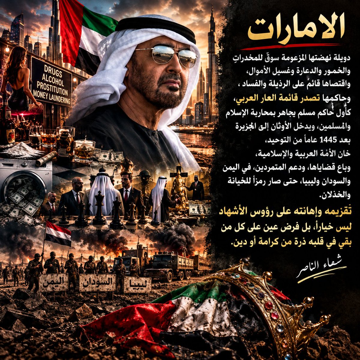 shefaamoon's tweet photo. 🇦🇪 دويلة نهضتها واقتصادها قائم على الدعارة والرذيلة وغسيل الأموال،وحاكمها يتصدّر قائمة العار العربي،كأول حاكم يجاهر بمحاربة الإسلام وادخال الأوثان إلى الجزيرة بعد 1445عاماً من التوحيد،داعم للمتمردين في اليمن والسودان وليبيا،وإهانته فرض  على كل من في قلبه ذرة من كرامة أو دين https://t.co/itQt4xphXz
