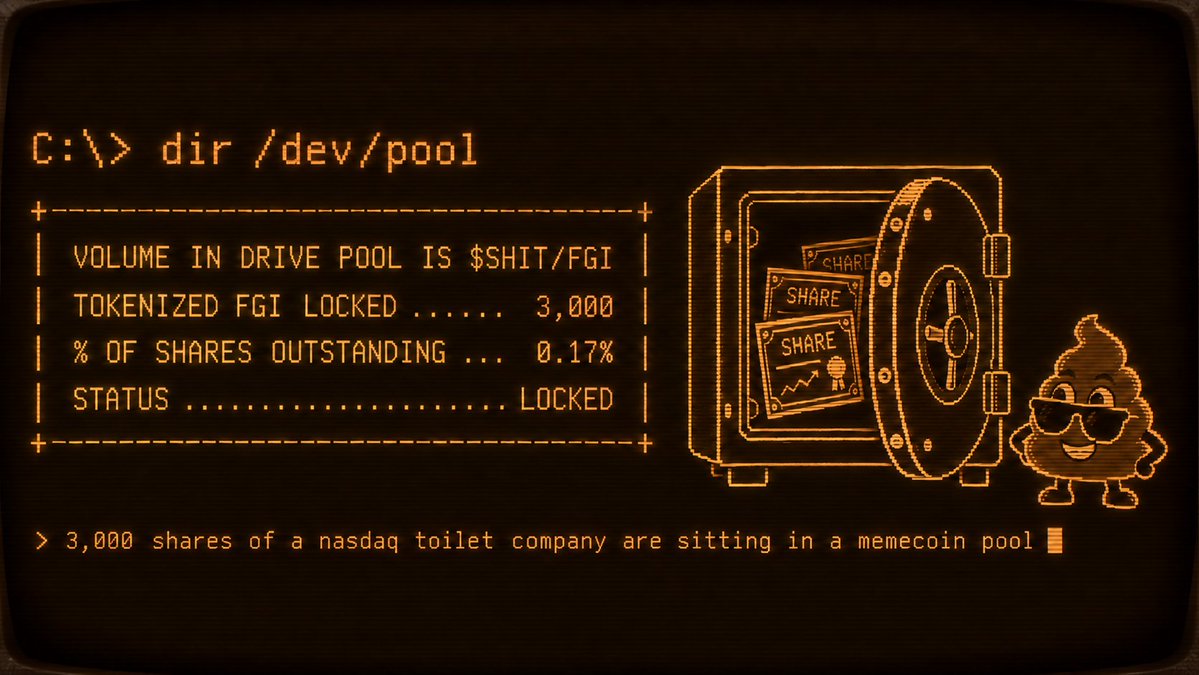 shitcoinrhx's tweet photo. Within only a few hours of trading $SHIT coin has already locked nearly 3000 tokenized $FGI shares in the liquidity pool.

Hey @FGI_Industries , prepare our porcelain throne for the next shareholder meeting

board shit. https://t.co/xkJSHdxm8W