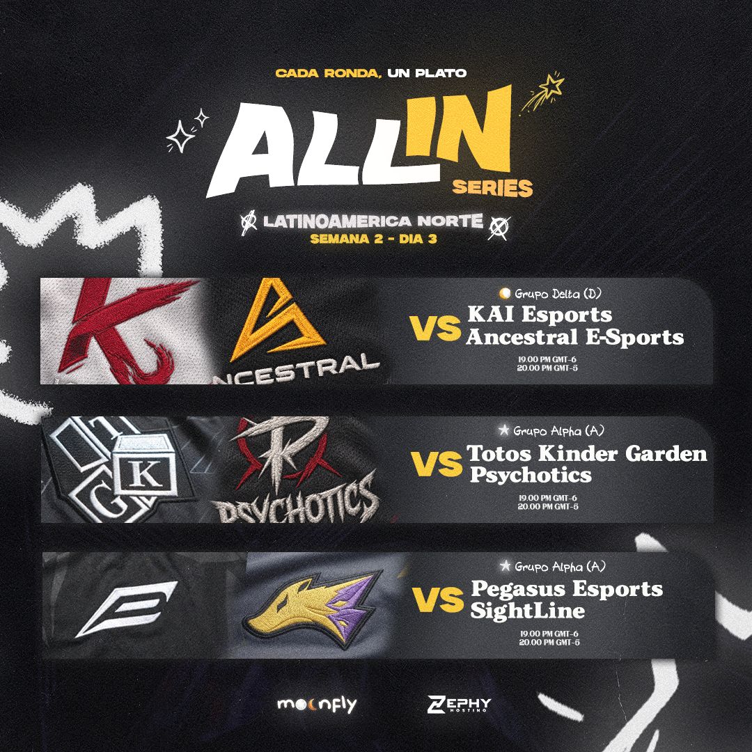 moonfly_es's tweet photo. Semana 2 - Día 3. 🔥

Seguimos con la región LAN de #AllInSeries.

⭐ @Ka1_Esports 🆚 @AncestralGG
⭐ @TotosKinder 🆚 Psychotics
⭐ @pegasus_esval 🆚 SightLine

⏰ 🇲🇽 19:00 | 🇪🇨 20:00

Tres duelos. Una nueva jornada. ⚡ https://t.co/Bi5jinZRKo