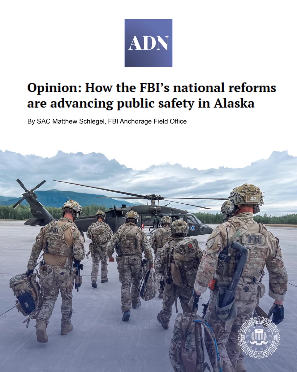 Group of FBI agents in tactical gear walking towards a helicopter on an Alaskan airstrip with mountains in the background.
