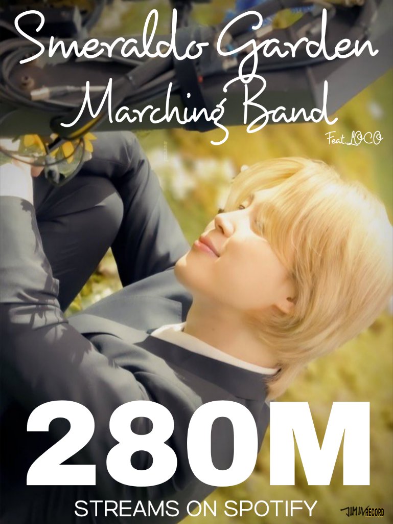 JIMIN_RECORD13's tweet photo. 지민의 "Smeraldo Garden Marching Band (feat.LOCO)"가 스포티파이에서 2억 8000만 스트림을 돌파하였습니다.

축하해요 지민 &amp; LOCO 🎉

JIMIN JIMIN 
#Jimin_MUSE #JIMIN 
#PARKJIMIN #지민 https://t.co/TWGDay18fX