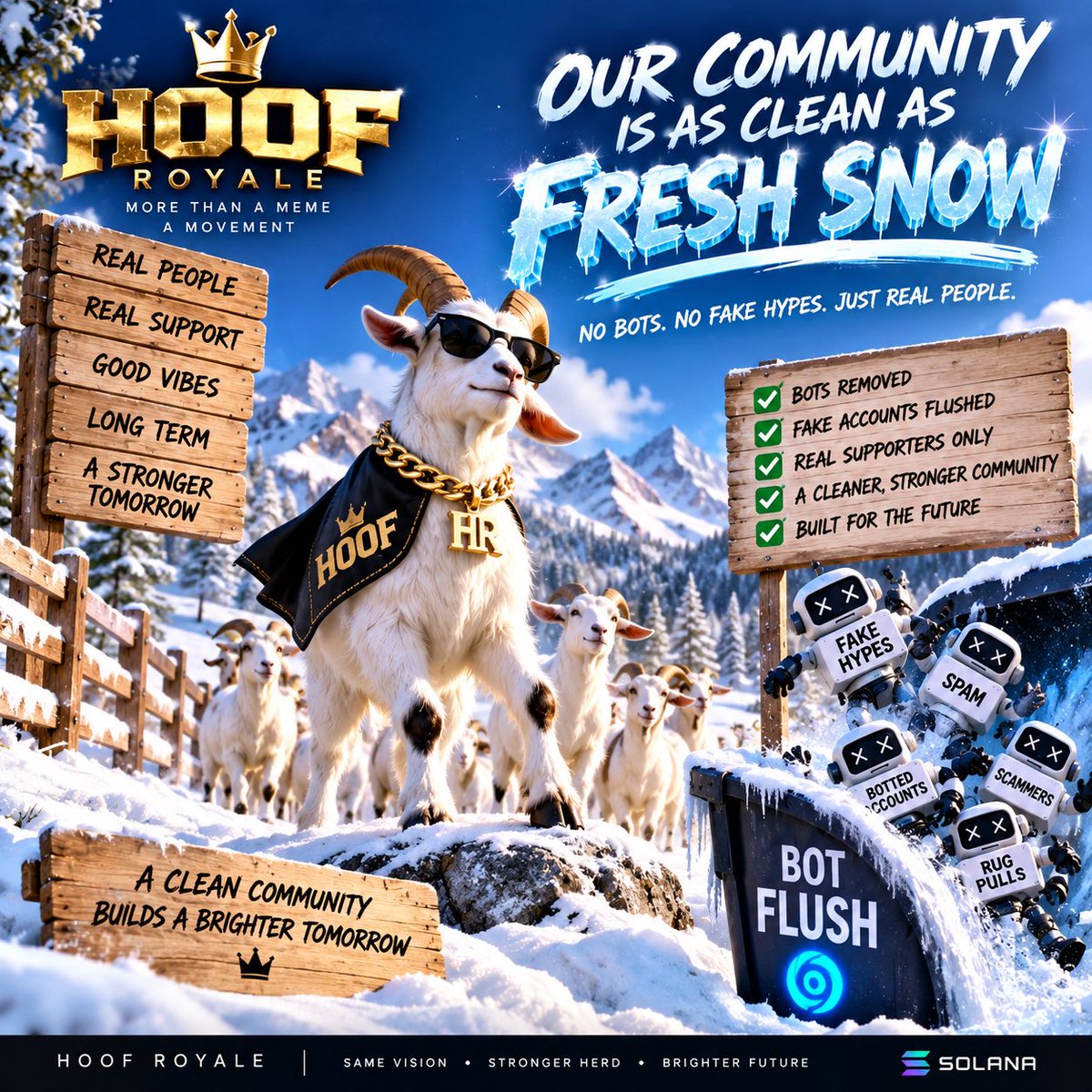 HOOFROYALE's tweet photo. ❄️🐐 CLEAN HERD. STRONGER HOOF.

We’re clearing out the bots, fake hype, spam and empty numbers.

HOOF Royale is focused on what actually matters, real people, real conversations and a community that grows together.

Our community is as clean as fresh snow. ❄️
No shortcuts. No fake momentum. Just a stronger herd being built for the long run.

Same vision. Stronger herd. Brighter future. 👑🐐

#HOOF #HOOFRoyale #Solana #CryptoCommunity