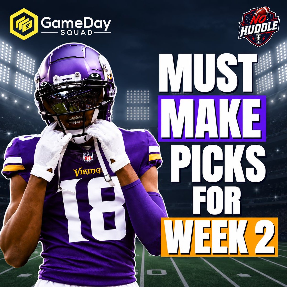 NoHuddleSC's tweet photo. MUST MAKES &amp; POD PICKS for Week 2

Jump in &amp; catch our latest @GamedaySquad show where we test our luck with some pack openings &amp; piece together our 🔒 in squad for week 2 

New to GameDay Squad? Use code HUDDLE on signup for a bonus 3 x packs 🏆 

https://t.co/hwAmyomDZF https://t.co/tyqE6FI7YO