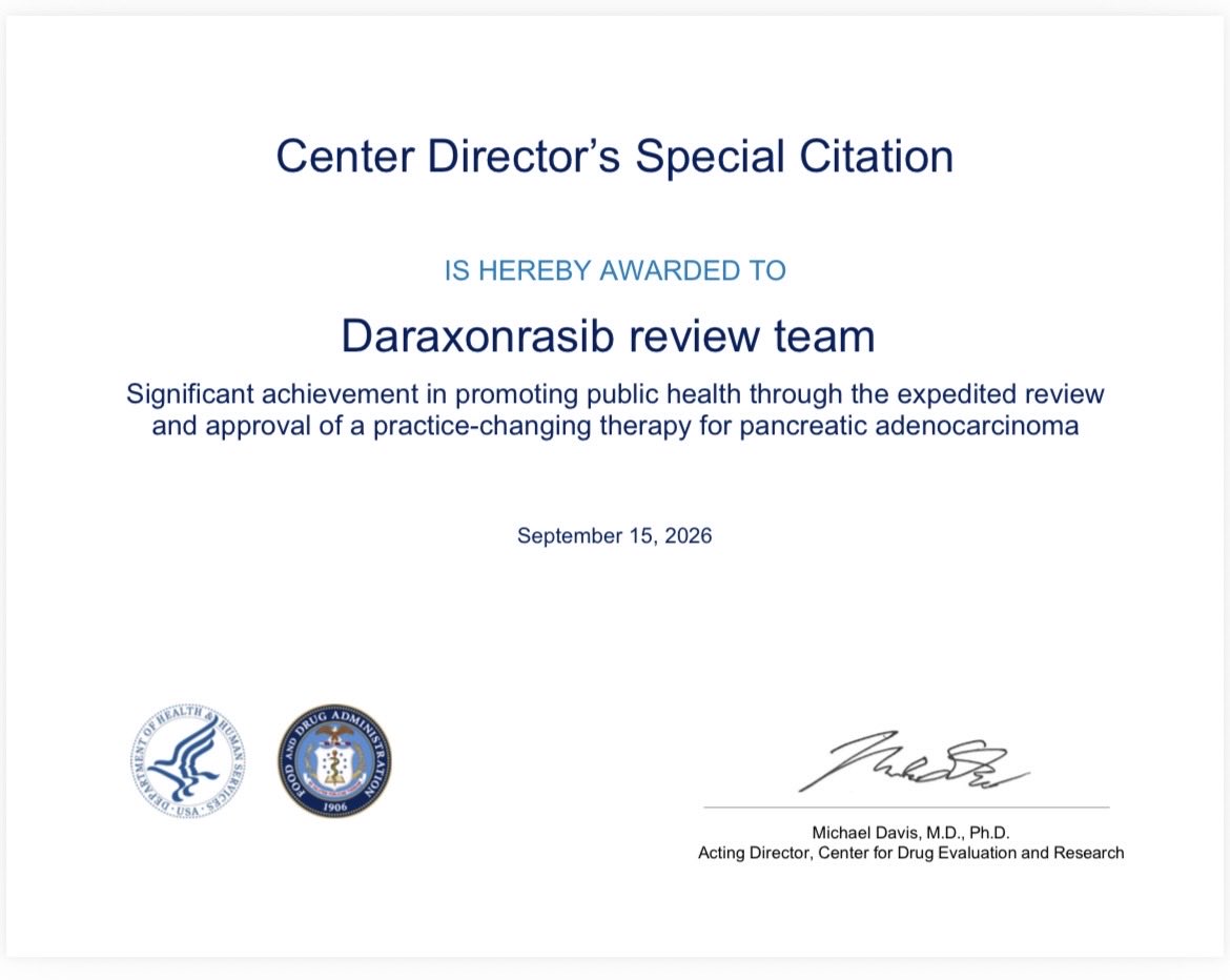 GsrivastavaMD's tweet photo. Grateful to be part of this incredible FDA team with such extraordinary expertise. Daraxonrasib was approved 6.5 months ahead of the original goal date. https://t.co/Jej6Lf3aPi