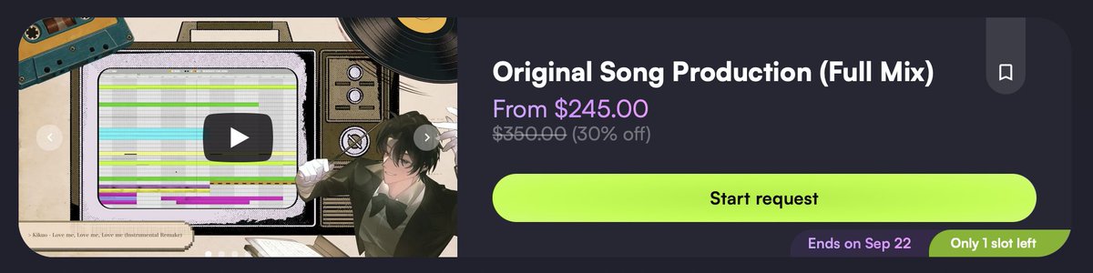 ProdbyTaka's tweet photo. ORIGINAL SONG PRODUCTION IS DOWN TO 1 SLOT LEFT!!
Grab yours, and I’ll make a masterpiece for you! 😋

#VGenArtist #VGenComm #VTuber #ENVTuber https://t.co/MB6aziEmH7