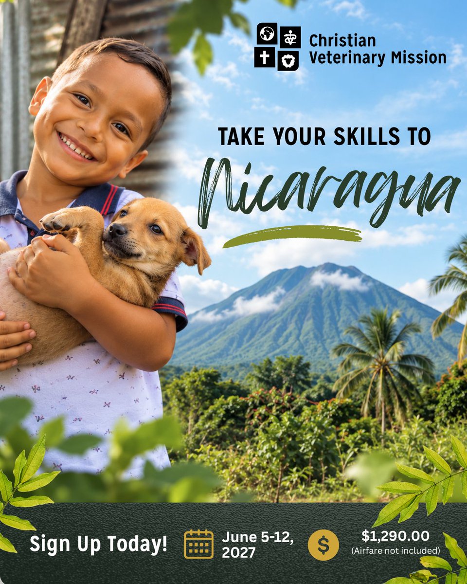 CVMUSA's tweet photo. COULD GOD USE YOUR SKILLS IN NICARAGUA?

Join CVM in León this June as we partner with El Ayudante to bring veterinary care to rural communities and use those opportunities to share the Gospel.

You’ll care for dogs and livestock, work alongside local believers, and have opportunities to worship, pray, serve children, and share what Christ has done in your life.

🐾 Veterinary clinics
✝️ Gospel ministry
🙏 Worship & prayer
❤️ Relationships with local families
June 5–12, 2027 • León, Nicaragua
$1,290 + airfare
DVMs, vet techs, students, pre-vets, and non-vets are welcome.
Come serve. Come see what God does!

👉Learn More: https://t.co/S0zqpAGD8k

#ShortTermMissions #CVM #VeterinaryMedicine #SendHope #STM #Christian #Veterinarians #Veterinary #SouthAmerica #Nicaragua