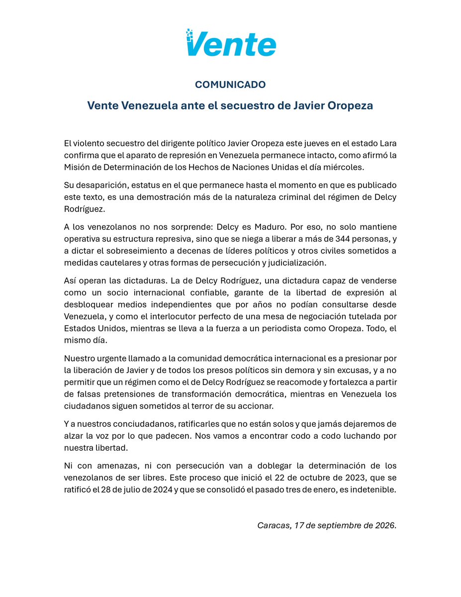 VenteVenezuela's tweet photo. #Comunicado Vente Venezuela ante el secuestro de Javier Oropeza. https://t.co/XNnzkdeLHK