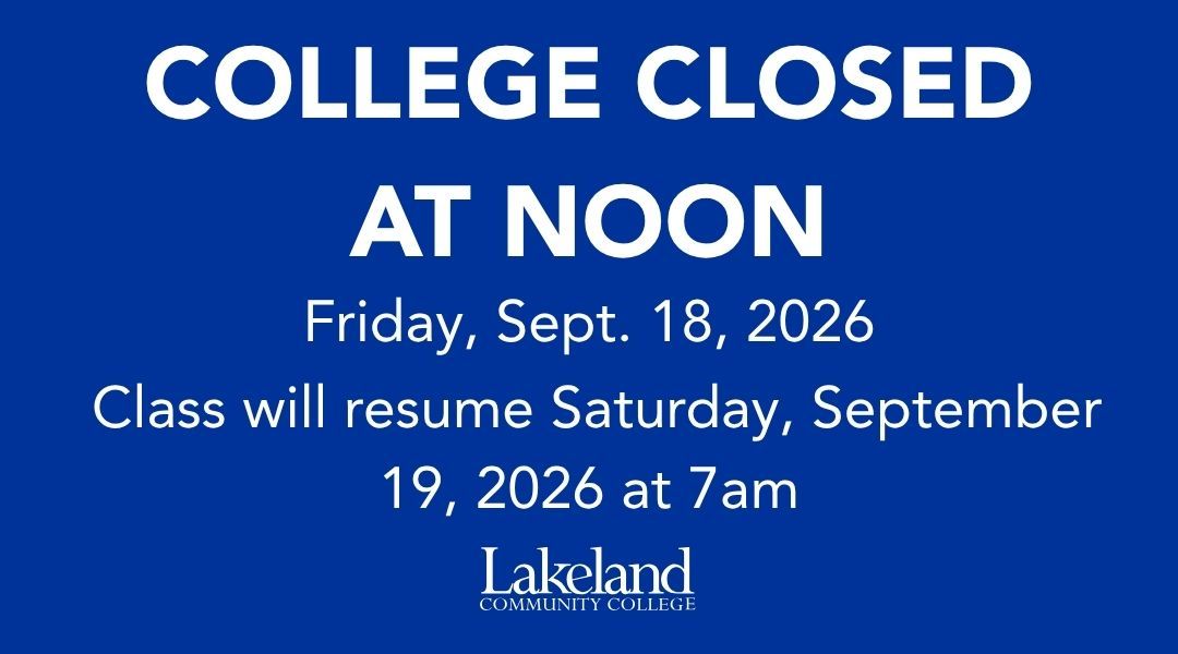 LakelandCommCol's tweet photo. Lakeland Community College will close early at noon Friday, Sept. 18. All classes, activities and events will be canceled at noon. This includes in-person, online, virtual and hybrid classes, meetings and offices. Classes will resume Saturday, Sept. 19, at 7 a.m. https://t.co/BAa5PBDCCD