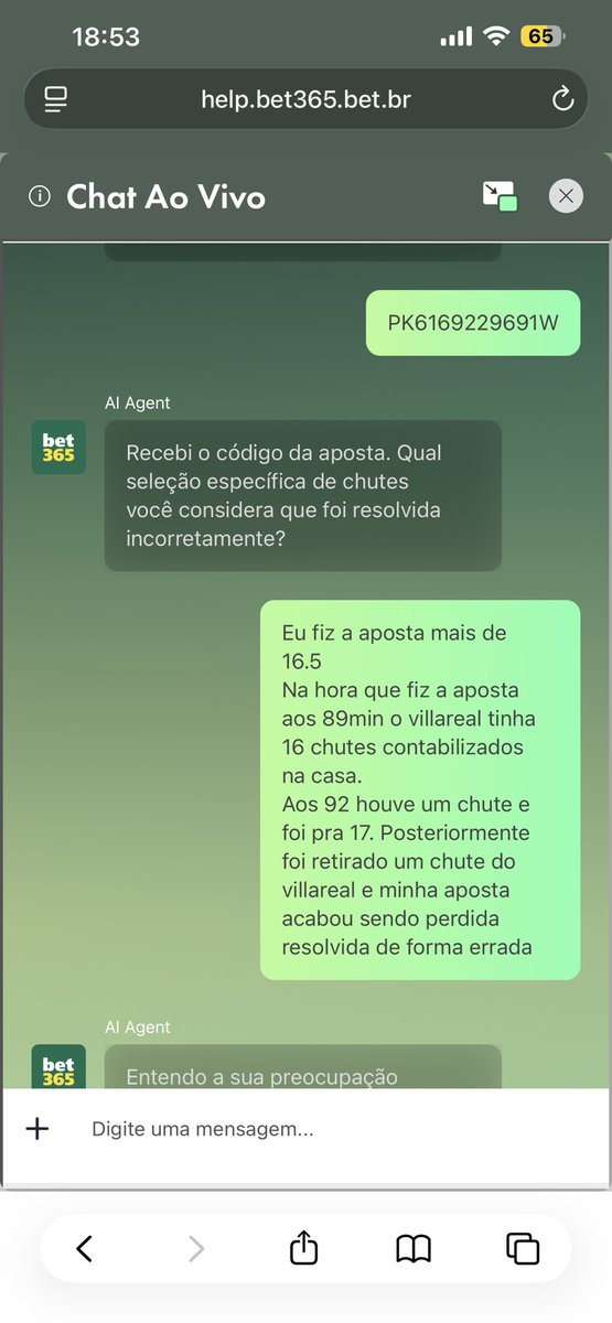2Apostas's tweet photo. Obviamente, minha aposta logo foi mudada pra perdedora.
Mas pensei, a bet365 é grande, irei resolver no chat sem muita dor de cabeça.

Essas foram as respostas do atendimento.

Totalmente bizarro. A culpa é minha de acreditar nas estatísticas disponibilizadas pela própria BET365 https://t.co/NuG0fizFh3