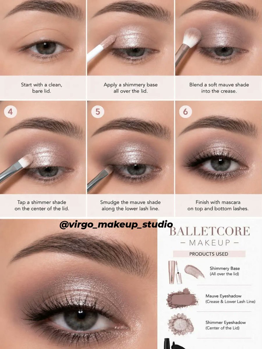 KristinMccik's tweet photo. Balletcore eye makeup in just 6 steps! Apply a shimmery base, blend mauve into the crease, tap shimmer onto the center, and finish with mascara. So soft and pretty! Will you try it? Save this for later. https://t.co/k1STv1e42F