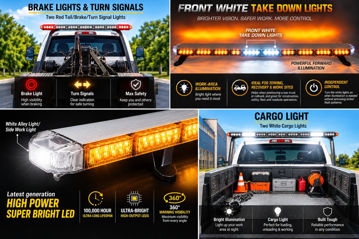 yantechusa's tweet photo. Take Down Lights illuminate forward, Alley Lights illuminate both sides, Cargo Lights brighten the rear work area, and Brake/Turn Lights clearly signal drivers behind you. YanTech Lightbar integrates multiple functions https://t.co/SBo9ve1iHt https://t.co/oRn5zVD7D5