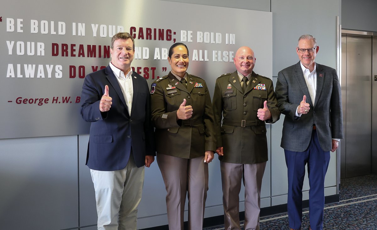 BushSchool's tweet photo. Yesterday we welcomed our 2026-2027 Army Fellows, LTC Jay W. Johnson &amp; LTC Audrey T. Tiumalu, at the Bush School! Great conversations and insights on military leadership &amp; research with Dean Sherman, Amb. Hennessey-Niland &amp; the fellows. https://t.co/K2M6rKuz9T