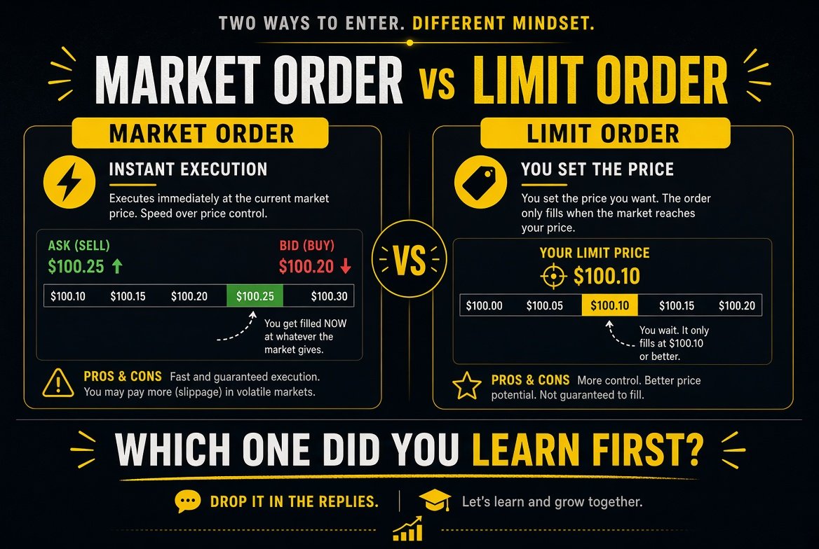 Block_Prime11's tweet photo. Market order or limit order?

Both serve different purposes.
The important part isn’t rushing into your first trade, it’s understanding what the button actually does before you press it.

Which one did you learn first? 

#Binance   
#BinanceAcademy
#LearnWithBinance https://t.co/1HeQvPUCLF