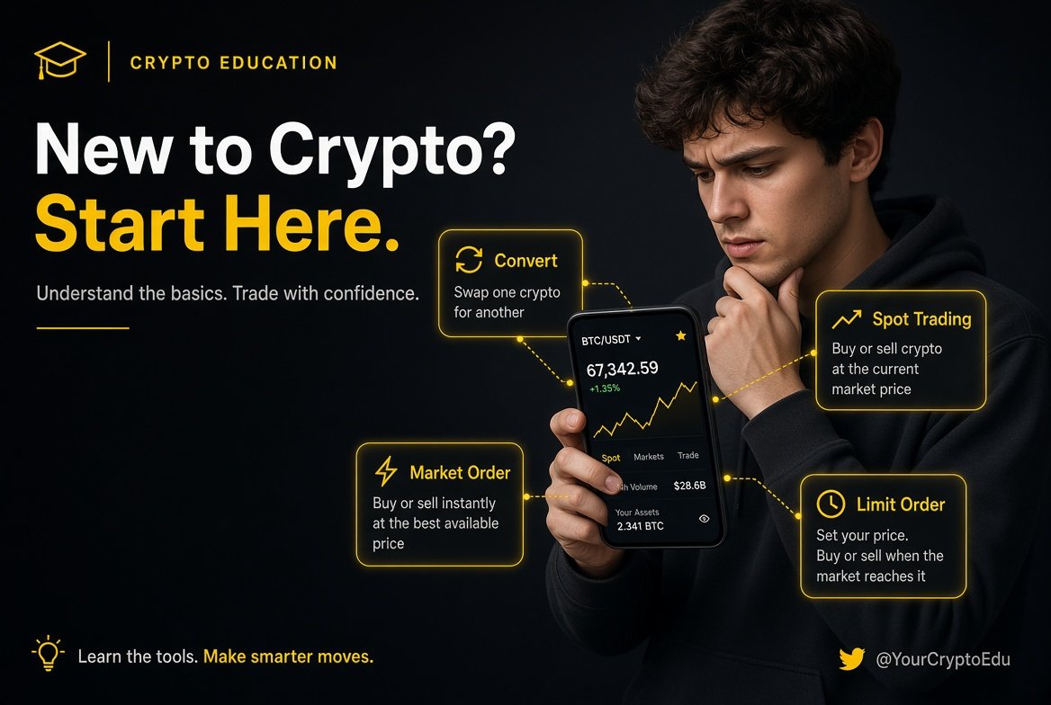 Block_Prime11's tweet photo. Your first crypto trade can feel confusing.

Spot trading, Market Orders, Limit Orders, Convert, there are a few terms to understand before you hit that buy button.

Here’s the simple breakdown 👇 https://t.co/lu4m6O9Rnq