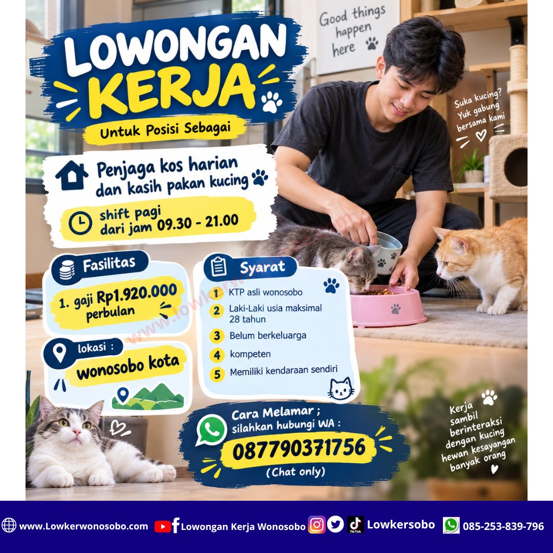 LowkerSobo's tweet photo. Lowongan Kerja Untuk Posisi Sebagai

Penjaga kos harian dan kasih pakan kucing shift pagi
dari jam 09.30-21.00

Cara Melamar ;
silahkan hubungi WA :
087790371756 (Chat only)

#loker #fyppppppppppppppppppppppp  #infoloker #kerjaan #lokerterbaru https://t.co/JsQHAyYUxz