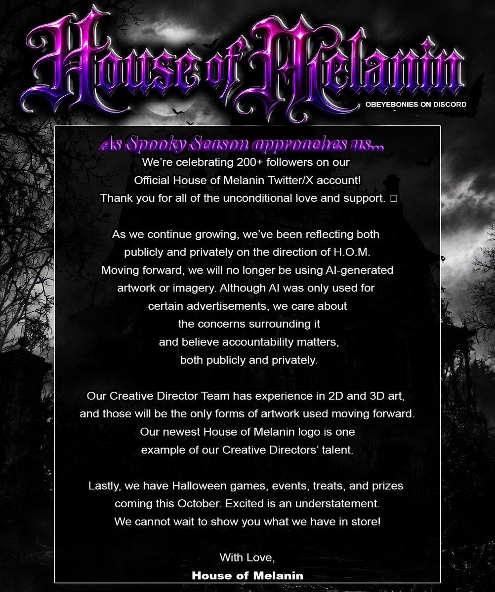 HouseOfMelaninx's tweet photo. ✨♣️🥂💜Cheers to 200+ followers and 200 server members! Thank you for all of the unconditional love and support!

Also... After some time of reflecting and wanting to evolve as a server, no more A.I advertisements! This was a decision made amongst the staff. 

Details below! https://t.co/QAbayUKRK5
