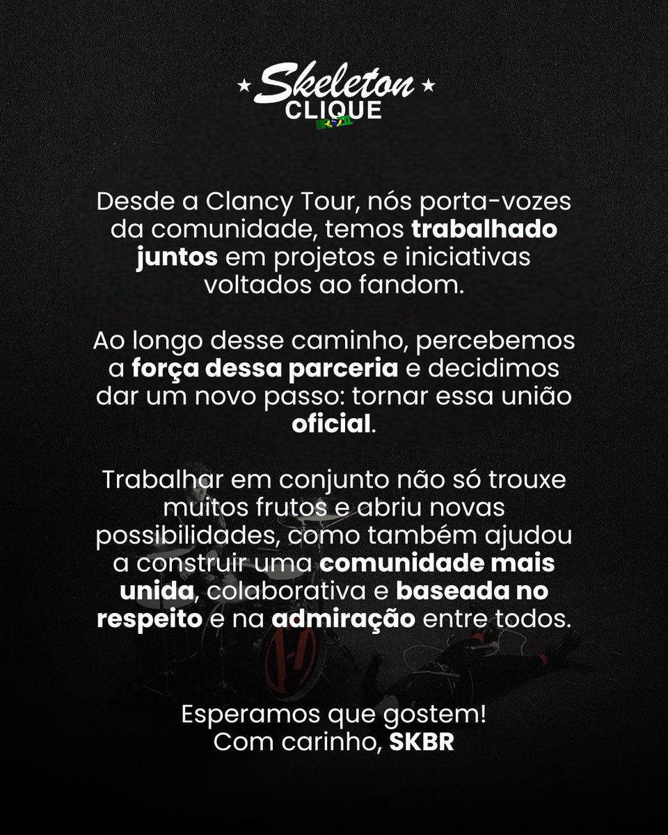 SkeletonCliqBR's tweet photo. Nasce oficialmente o Skeleton Clique Brasil 🇧🇷 |-/

Desde a Clancy Tour, diferentes vozes do Clique BR vêm trabalhando juntas em projetos para o fandom. Agora, decidimos oficializar essa união!

Somos SKBR. A união oficial dos portais e fãs do Clique Brasil 💛 https://t.co/ptRpw1h2Cx
