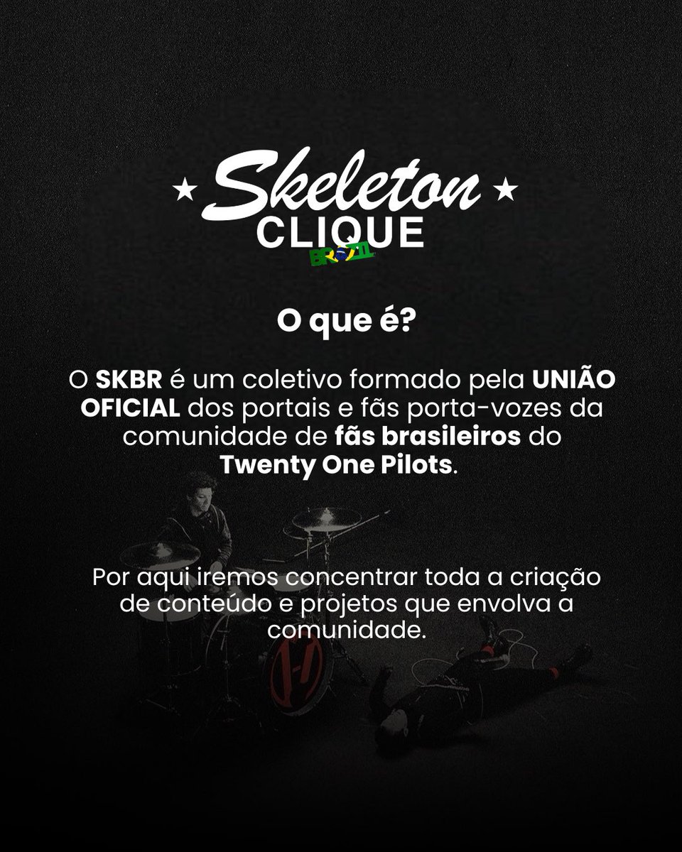 SkeletonCliqBR's tweet photo. Nasce oficialmente o Skeleton Clique Brasil 🇧🇷 |-/

Desde a Clancy Tour, diferentes vozes do Clique BR vêm trabalhando juntas em projetos para o fandom. Agora, decidimos oficializar essa união!

Somos SKBR. A união oficial dos portais e fãs do Clique Brasil 💛 https://t.co/ptRpw1h2Cx