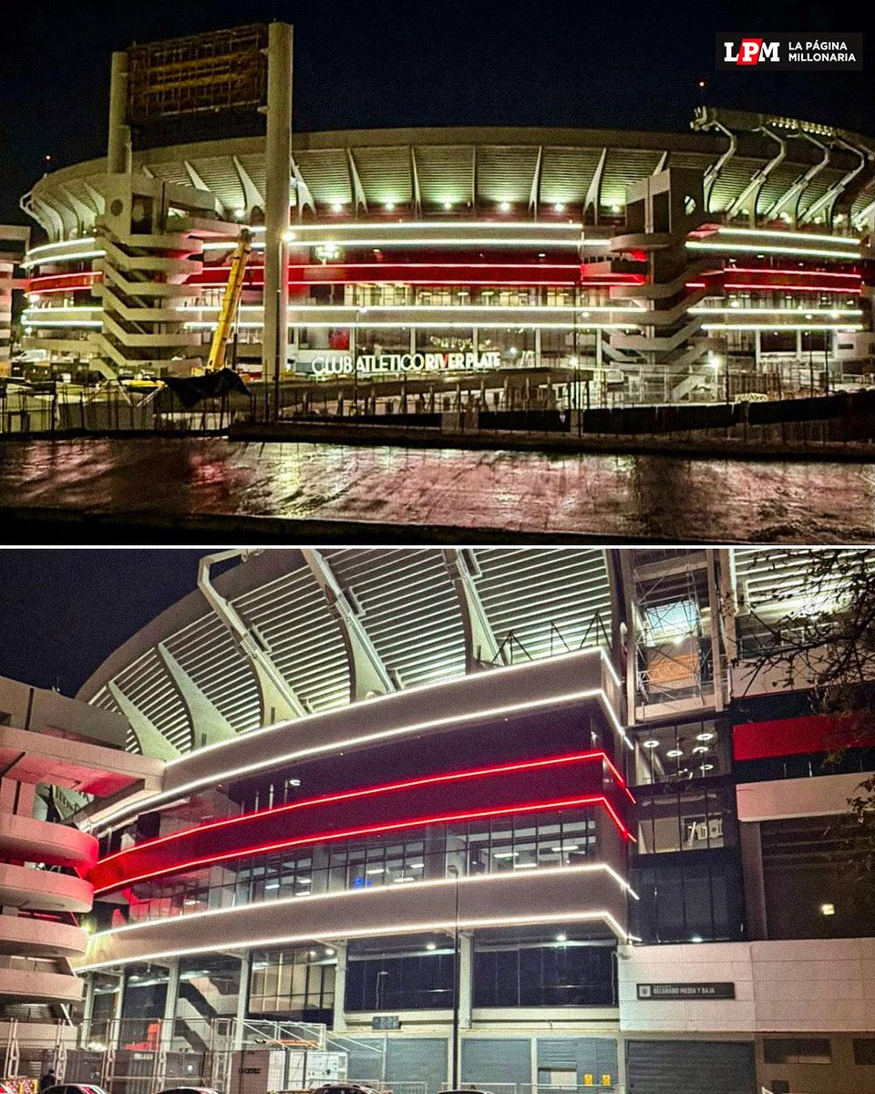 RiverLPM's tweet photo. 🤯🏟️ ¡𝗨𝗡𝗔 𝗟𝗢𝗖𝗨𝗥𝗔! La nueva iluminación roja y blanca que luce la fachada del Estadio Monumental ⚪🔴⚪ https://t.co/M1v40Bm5IQ