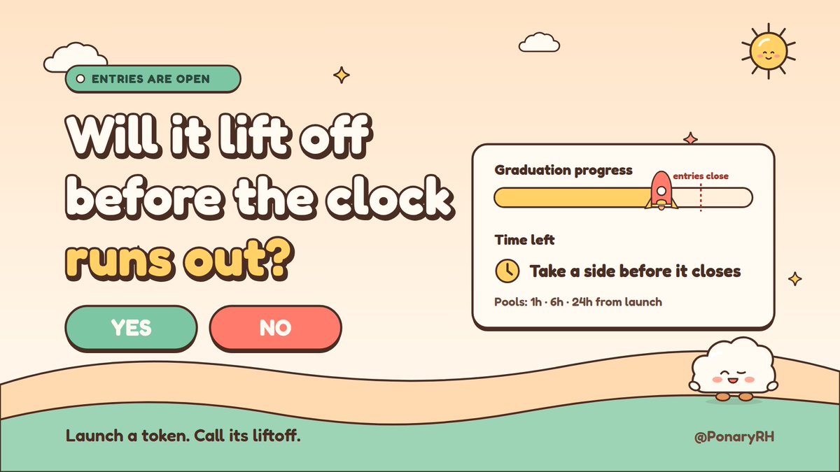 PonaryRH's tweet photo. A pool is live right now. The token is about halfway to graduation, and there are two hours left on the clock.

If you think it makes it, back YES. If you think it stalls, back NO. Right now YES pays a little over twice your stake; NO pays around four times.

Entries close soon. Pick your side.