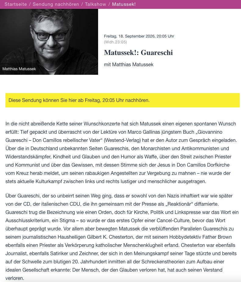 mmatussek's tweet photo. Hör- und Lesebefehlt heute Abend, ein Gespräch auf https://t.co/q8uBCgmcSq mit Marco #Gallina über seine sensationelle #Guareschi-Biografie  "Don Camillos rebellischer Vater" und Guareschis britischen Vorgänger Gilbert K.#Chesterton, beide katholische Reaktionäre, beide echte Haltungsjournalisten, beide sehr komisch und sehr klug.