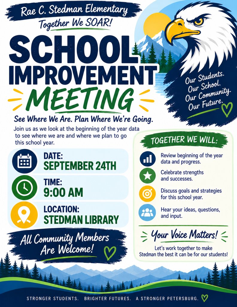 RaeCStedmanElem's tweet photo. 🦅 YOU’RE INVITED, SCHOOL IMPROVEMENT MEETING!

📅 September 24th
⏰ 9:00 AM
📍 Stedman Library https://t.co/TLm7kJQpna