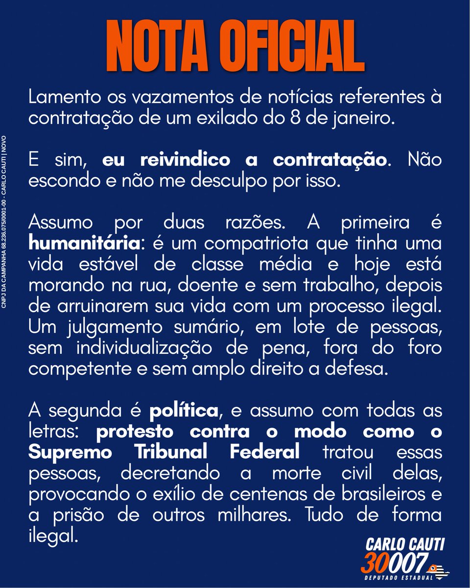 carlocauti's tweet photo. NOTA OFICIAL | Em relação à notícia publicada sobre a contração de um exilado do 8 de janeiro para a minha campanha eleitoral 🇧🇷 https://t.co/GLhNN3h6r1