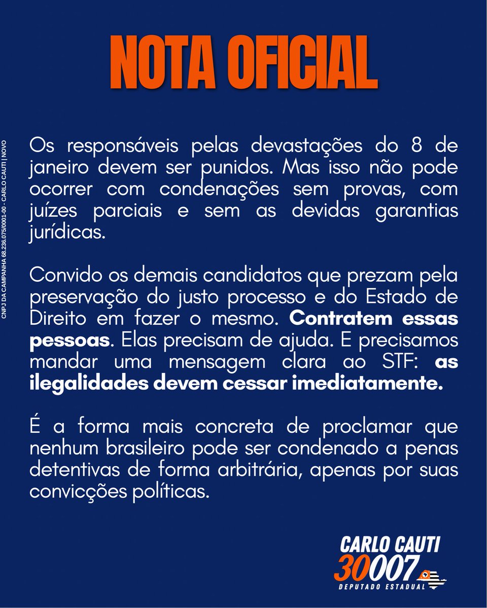 carlocauti's tweet photo. NOTA OFICIAL | Em relação à notícia publicada sobre a contração de um exilado do 8 de janeiro para a minha campanha eleitoral 🇧🇷 https://t.co/GLhNN3h6r1