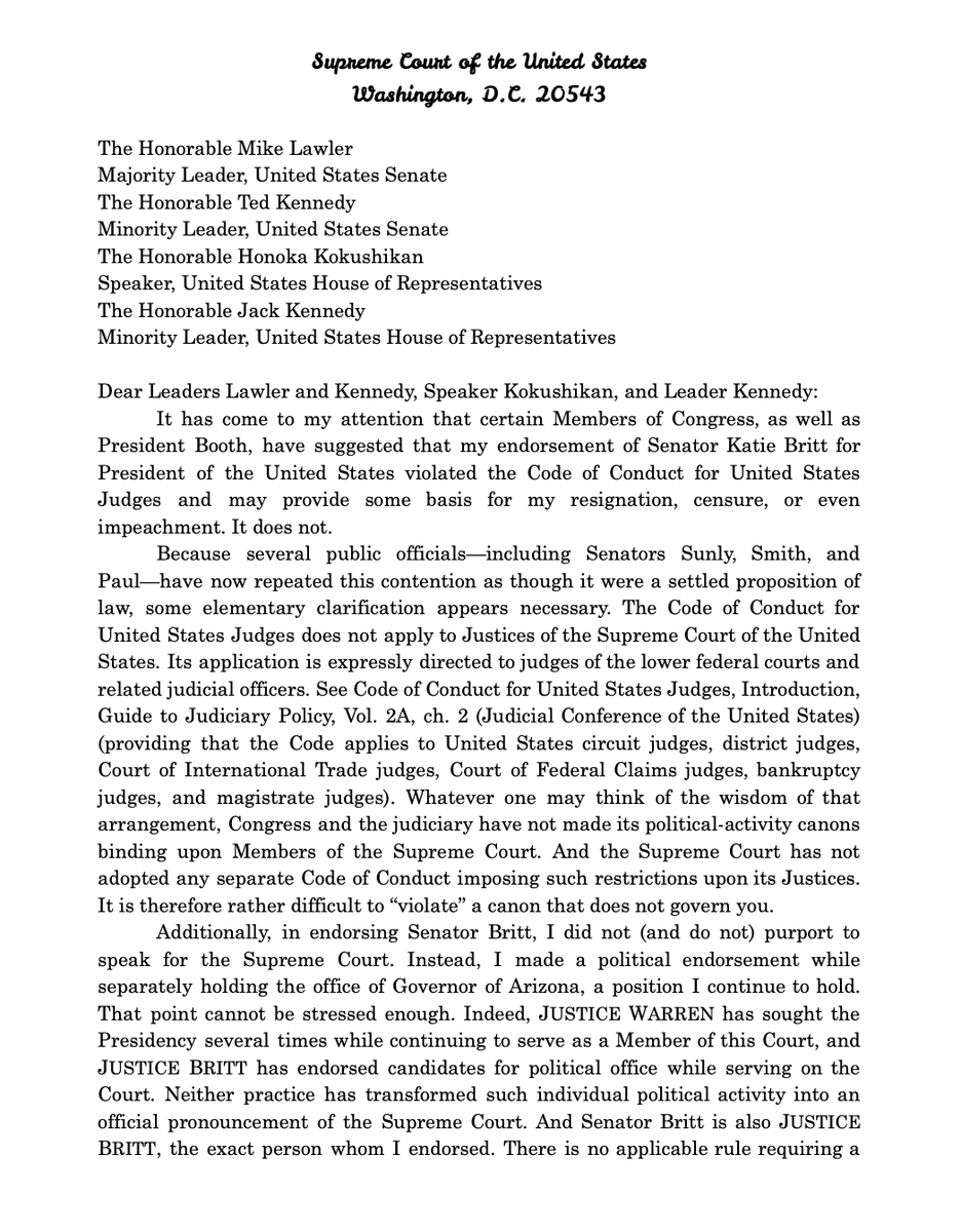 PoliSimCourts's tweet photo. Justice Kemp today sent a letter to congressional leaders @RosePGSim, @SMLKennedy, @NeoconHonoka, and @mockjackkennedy, responding to several recent statements concerning his endorsement of Katie Britt for President. @PoliGSim https://t.co/LfwGGaBQPF