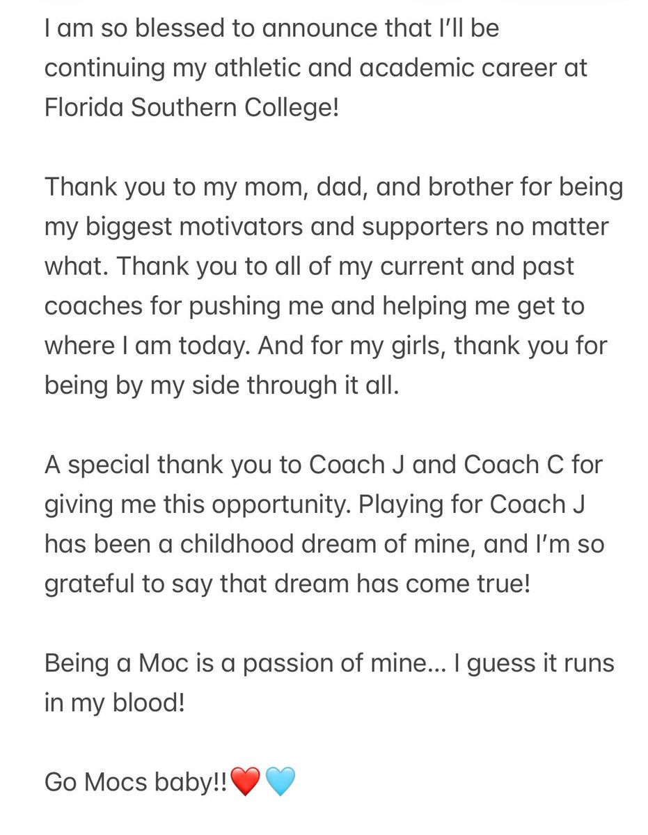 alyodette's tweet photo. I am so blessed to announce that I’ll be continuing my athletic and academic career at Florida Southern College!

Thank you to my family, coaches, and girls for always supporting me along the way!

GO MOCS BABY!!
@FSC_Softball @lexcarver3 @CoachJ34 @TampaMustangs @TampaMustangsRT https://t.co/0SvAWEqvqh