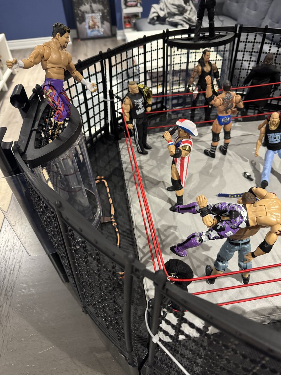 WrestlinGifs's tweet photo. ngl even all these months later I still feel like a kid seeing the chamber playset lol, 

best purchase ever 

here’s what’s going on these days in the man cave https://t.co/VC53uqYko5