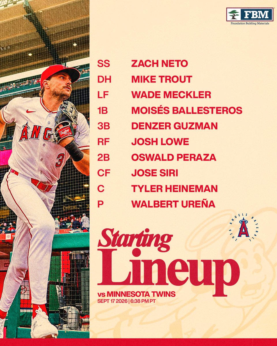 September 17 Lineup vs Twins: SS Zach Neto, DH Mike Trout, LF Wade Meckler, 1B Moisés Ballesteros, 3B Denzer Guzman, RF Josh Lowe, 2B Oswald Peraza, CF Jose Siri, C Tyler Heineman, P Walbert Ureña