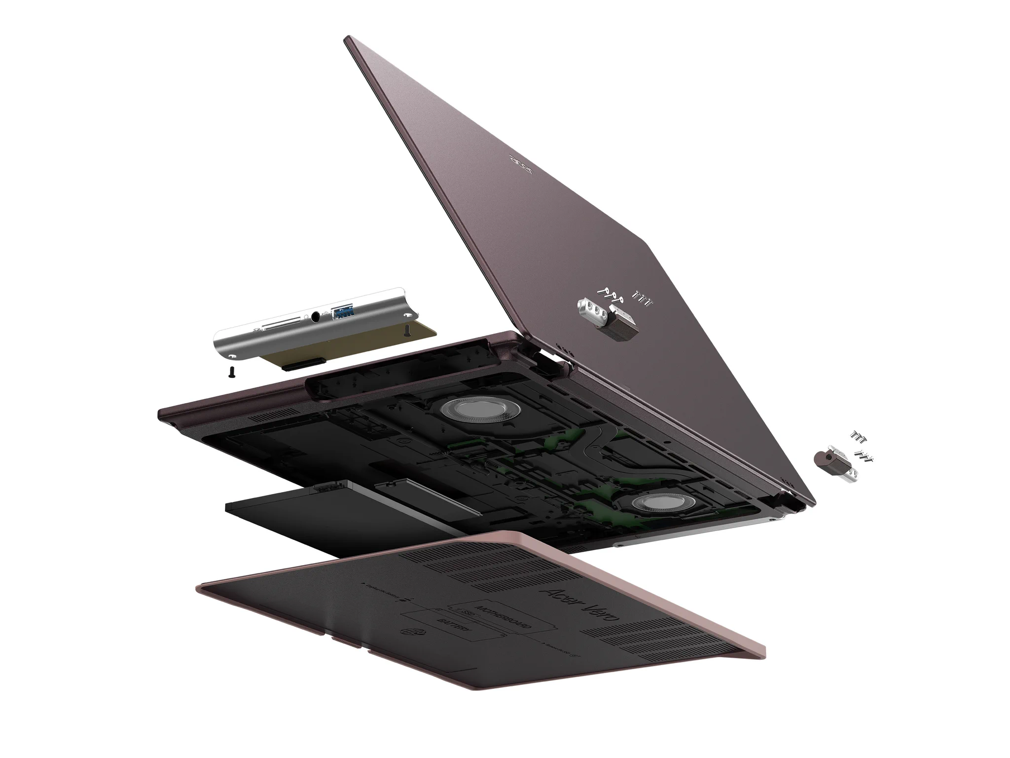 An exploded view of a laptop, revealing its internal components, including the battery, motherboard, and cooling system. 