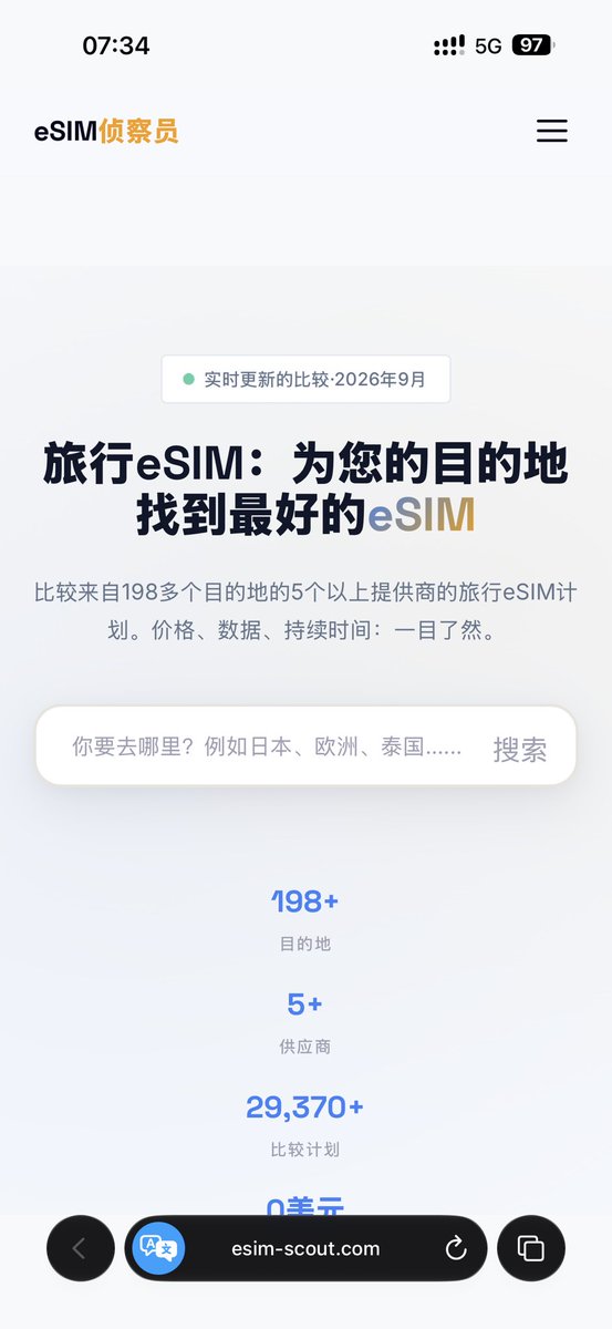 BlackMelooo's tweet photo. 之前发过一个esim比价网、谁知道又找到一个。

你输入目的地后，它会把 Airalo、Holafly、Saily、Ubigi、Nomad、GigSky 等旅行 eSIM 放在一起比，直接按流量、有效期和价格筛选。目前覆盖 198+ 个目的地、约 2.9 万个套餐，数据每日更新。

这个还是非常适合出国旅行、留学、经常买 eSIM 的人
地址：https://t.co/DFhtVlSykZ