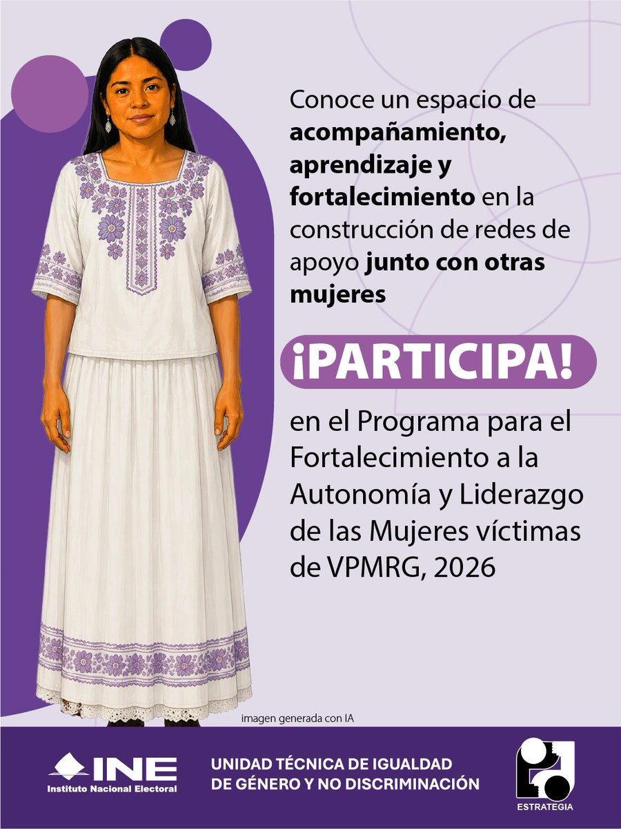 INEMexico's tweet photo. 💜✊ Fortalece tu autonomía para la participación política.

El #INE invita a mujeres que han vivido #VPMRG a participar en el Programa para el Fortalecimiento a la Autonomía y Liderazgo de las Mujeres víctimas de VPMRG, 2026.

Consulta la convocatoria: https://t.co/ivLMAoztGL

Postúlate hasta el 21 de septiembre de 2026: https://t.co/oxtPNc0Iyu

📅 6 oct. al 24 nov.
💜 Cupo: 35 participantes 
💻 Semipresencial

#MujeresConstruyendoPolitica