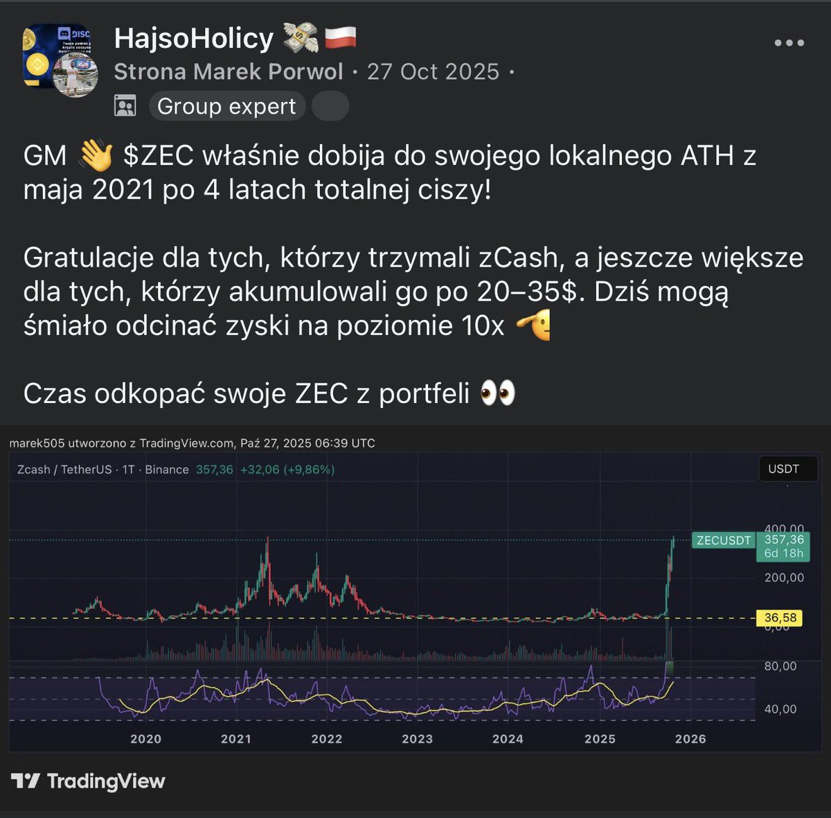 MarekPorwol's tweet photo. 💰 „ZA DROGO, POCZEKAM NA KOREKTĘ…” HISTORIA LUBI SIĘ POWTARZAĆ! 👀

Pamiętam, jak w 2016 roku mówiłem znajomym, żeby kupili sobie chociaż 1 $BTC, kiedy kosztował 700–1000$.

Podobnie było z $ETH. Najpierw mówiłem o nim przy 13$, później przy 50$ i kolejnych poziomach.

W maju 2017 roku, kiedy Bitcoin kosztował już około 2000$, znowu przypominałem znajomym o zakupach.

Co słyszałem?

„To jakieś wirtualne gówno”.

„Za drogo”.

„Już za mocno urosło”.

„Poczekam na korektę i wtedy kupię”. 😅

W grudniu 2017 roku Bitcoin dobił do 19 000$.

Historia lubi się powtarzać… 👀

Kiedy w 2022 roku kupowałem Kaspę ($KAS) po 0,0008$, również mówiłem znajomym, żeby kupili sobie chociaż za drobne.

Wystarczyło 200$, żeby zgromadzić aż 250 000 KAS!

Rok później realizowaliśmy zyski przy 0,10$, a następnie nawet przy 0,15$ i 0,20$.

Zainwestowane 200$ mogło zamienić się w 25 000–50 000$! 💰

🔐 ZCASH ($ZEC). O PRYWATNOŚCI MÓWIŁEM, ZANIM STAŁA SIĘ MODNA!

O Zcash piszę praktycznie od 2018 roku. To nie jest projekt, którym zainteresowałem się dopiero wtedy, gdy zaczął mocno rosnąć.

Po poprzedniej hossie wielokrotnie podkreślałem, że moim zdaniem prywatność będzie jednym z ważniejszych tematów na rynku kryptowalut.

W świecie, w którym coraz więcej transakcji można śledzić, analizować i przypisywać do konkretnych osób, uważam, że prywatność finansowa będzie zyskiwać na znaczeniu.

Od 2023 roku zacząłem systematycznie dokupować $ZEC jako jeden z kilku projektów w mojej strategii DCA.

Kontynuowałem zakupy również przez 2025 rok, kiedy ZEC można było jeszcze kupować poniżej 50$.

Nie trzymałem tego dla siebie. O projekcie mówiłem publicznie, dzieliłem się zakupami i wielokrotnie wspominałem o nim znajomym.

Nie zacząłem mówić o ZEC po wzrostach. Mówiłem o nim przez lata, kiedy zainteresowanie tym projektem było znacznie mniejsze. 😎

Oczywiście sama słuszność tezy o rosnącym znaczeniu prywatności nie gwarantuje sukcesu konkretnej kryptowaluty. Dlatego od początku traktowałem ZEC jako element szerszej strategii, a nie jedyny zakład na przyszłość.

🧠 DLACZEGO O TYM WSZYSTKIM PISZĘ?

Bo od lat publikuję swoje działania w social mediach.

Dzielę się zakupami, realizacją zysków i planami. Bardziej szczegółowe informacje trafiają na moje grupy, zarówno darmową, jak i HSH PRO. https://t.co/6DFRWZrFhh

A mimo to ciągle słyszę te same dyrdymały 
„Nie da się”.
„Za duże ryzyko”.
„Można wszystko stracić”.
„Nie znam się na tym”.
„Szkoda czasu i pieniędzy”.

I wiecie co? W części tych argumentów jest sporo racji.

Na kryptowalutach naprawdę można stracić wszystko, a nie każdy projekt kończy się sukcesem. Sam również podejmowałem nietrafione decyzje i nie każda moja inwestycja przynosiła zyski.

Tylko że przez te wszystkie lata zauważyłem jeszcze jedną rzecz.

Wielu ludzi chce zarobić, ale niewielu jest gotowych poświęcić czas na naukę, zbudować własną strategię i konsekwentnie się jej trzymać.

Brakuje systematyczności, cierpliwości i planu.

Jedni boją się kupować, kiedy ceny są niskie, inni wskakują dopiero wtedy, gdy wszyscy dookoła mówią o gigantycznych wzrostach.

A później znowu słyszę, że okazja uciekła i trzeba czekać na następną.

Właśnie dlatego od lat stosuję DCA, realizuję zyski etapami i staram się mieć przygotowany plan zarówno na wzrosty, jak i na spadki.

Nie próbuję złapać idealnego dołka ani sprzedać wszystkiego na samym szczycie.

Wolę konsekwentnie realizować własną strategię, niż przez kolejne lata powtarzać, że coś jest za drogie, a później żałować, że nic nie zrobiłem.

Nie każda inwestycja przyniesie takie wyniki jak BTC, ETH, KAS czy ZEC. Pokazuję te przykłady, bo to część mojej własnej historii, a nie obietnica, że każdy zakup zakończy się podobnie.

Nie chodzi o to, żeby ślepo kupować wszystko, o czym piszę. Chodzi o to, żeby samodzielnie analizować projekty, rozumieć ryzyko i podejmować świadome decyzje.

Bo okazji na rynku może być jeszcze wiele. Pytanie, czy będziesz potrafił je rozpoznać i odpowiednio nimi zarządzać.