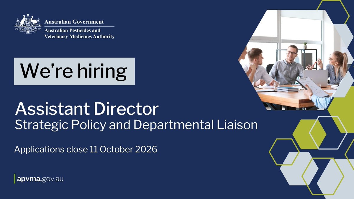 APVMA's tweet photo. The #APVMA is seeking applications for an Assistant Director, Strategic Policy and Departmental Liaison to work in a dynamic cross-disciplinary team to strengthen Australia's regulation of agricultural and veterinary chemicals. More info: https://t.co/lPC7eLjEjW https://t.co/USgKJwO9Hr