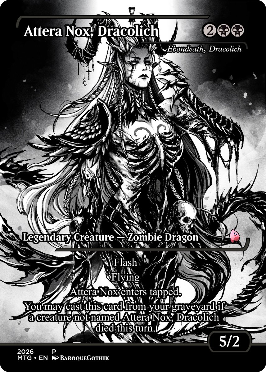 Kyubikirby's tweet photo. Today's card is one of my followers, the wonderful @AtteraNox ! being a Dracolich, made choice of card super easy, as we got Ebondeath in AFR! never pay commander tax again with this recursive threat! amazing art by @baroquegothik 

#MtVtuber https://t.co/MR9VHJ32cc