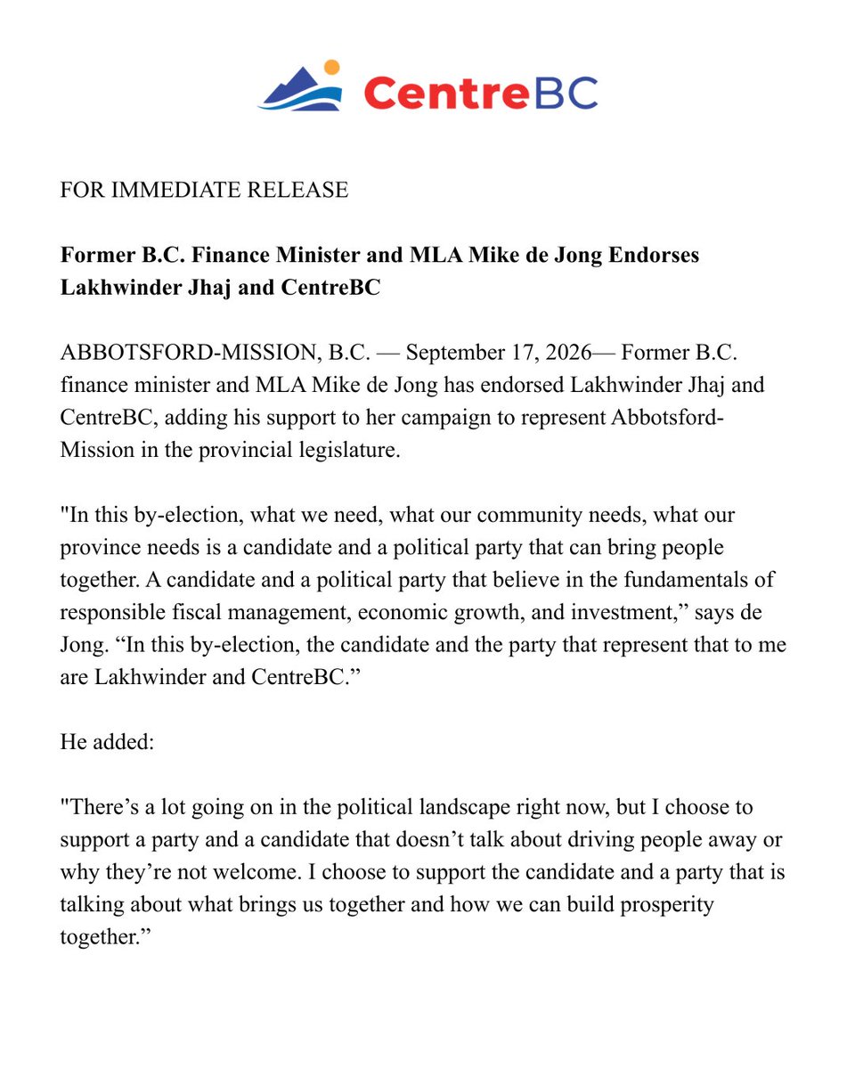 VoteCentreBC's tweet photo. Former B.C. Finance Minister and MLA @Mike_de_Jong  announces his support for Lakhwinder Jhaj and CentreBC, calling for leadership that can bring people together while focusing on responsible fiscal management, economic growth, and investment.

Mike's endorsement reflects what we're hearing across British Columbia: people are tired of political battles and want practical solutions that move our province forward.

Thank you, Mike, for your support of Lakhwinder and CentreBC. Together, we're building a positive alternative for British Columbia.

#bcpoli #centrebc @Mike_A_Bernier @JasJohalBC @MikeSmythNews @VancouverSun @GlobalBC @CTVVancouver @AbbyNews @RobShaw_BC @MissionRecord @FraserVN @chwknews @VaughnPalmer @keithbaldrey @BillTieleman @simisara730CKNW