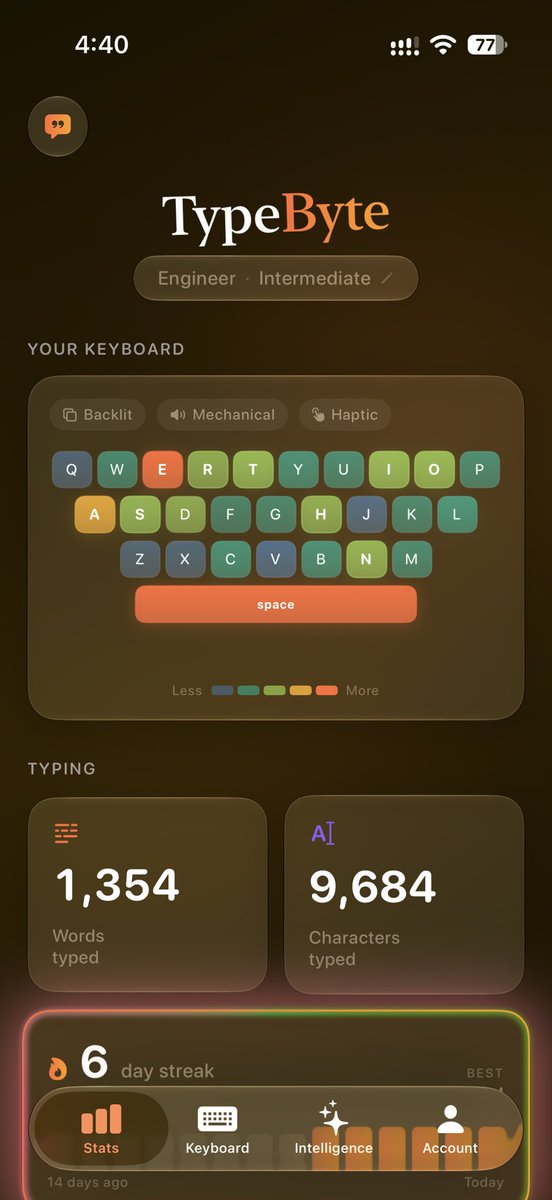 createbyte_'s tweet photo. exciting update coming this week... the stat screen is now better than ever... it shows where your finger is on the keyboard... how many words you typed... the minutes saved with typed intelligence... and your daily streaks using the typewrite keyboard... https://t.co/nlFjlSGAU8