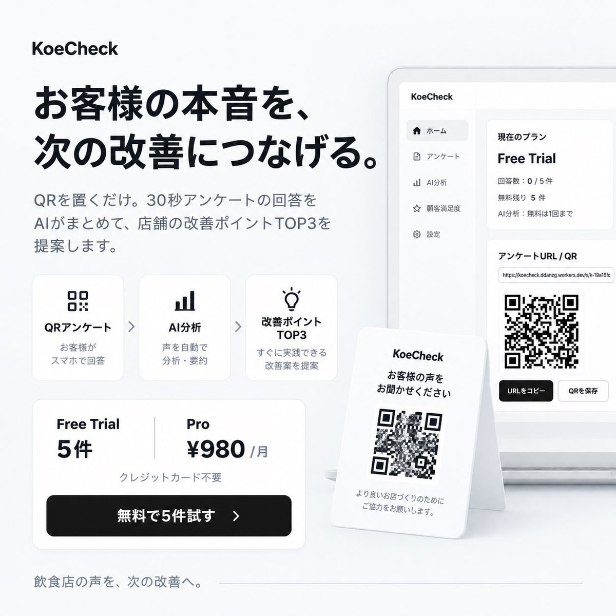 yakuni1tatanai's tweet photo. KoeCheckを公開しました。

QRを置くだけ。
30秒アンケートの回答をAIがまとめて、店舗の改善ポイントTOP3を提案します。

Free Trial 5件
Pro ¥980/月
クレカ不要

飲食店の声を、次の改善へ。

https://t.co/IATTFcts4Z

#KoeCheck #飲食店経営 #AI活用 https://t.co/ktn17PGFsn