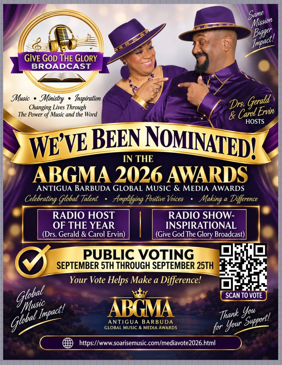 rightnowpraizz's tweet photo. Hello Fam &amp; Friends. We've been nominated in the ABGMA 2026  Media Awards.  Give God the Glory Broadcast and hosts Drs Gerald &amp; Carol Ervin need your votes.   Cast your vote by scanning the QR Code or click this link:  https://t.co/FTOQ1jAfFc https://t.co/JUlBWzmvI9