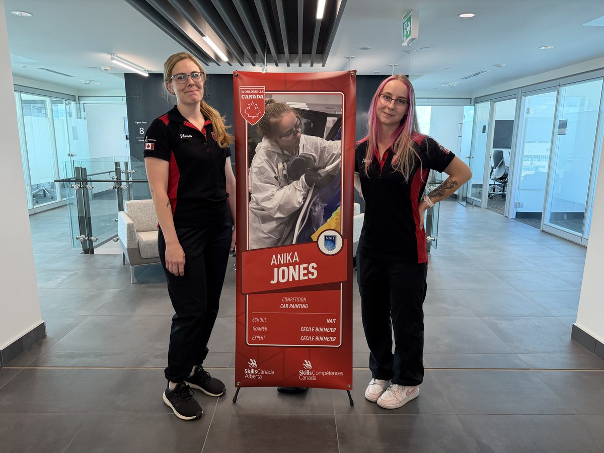 NAIT's tweet photo. 3rd year Autobody apprentice Anika Jones and Chair of the Autobody program, Cecile Bukmeier, are headed to Shanghai to represent Team Canada in Car Painting at @WorldSkills. With more than 1,400 competitors from 90 countries across 64 skill competitions, this is one of the largest gatherings of talent every two years.  

Anika will have her parents travelling alongside her, cheering her on as she competes against 23 other car painters from participating nations.  

Cecile will also represent NAIT on the world stage as the Team Canada WorldSkills Expert in the same competition. She has also worked alongside Anika for the last two years, helping her prepare for this competition.    

Good luck, Anika! We're proud to see you and Cecile representing NAIT, Alberta and Canada on the world stage.