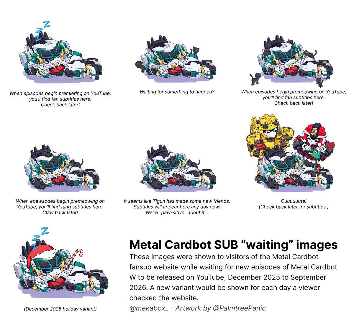 mekabox_'s tweet photo. You may know that prior to the release of Metal Cardbot W Episode 3 on YouTube, we showed a image of Tigun on the sub site while we waited for new episodes. But did you know it changed for every day you visited the site?

Thanks to @PalmtreePanic for doodling pics for the site :) https://t.co/Oah6xf1TYE