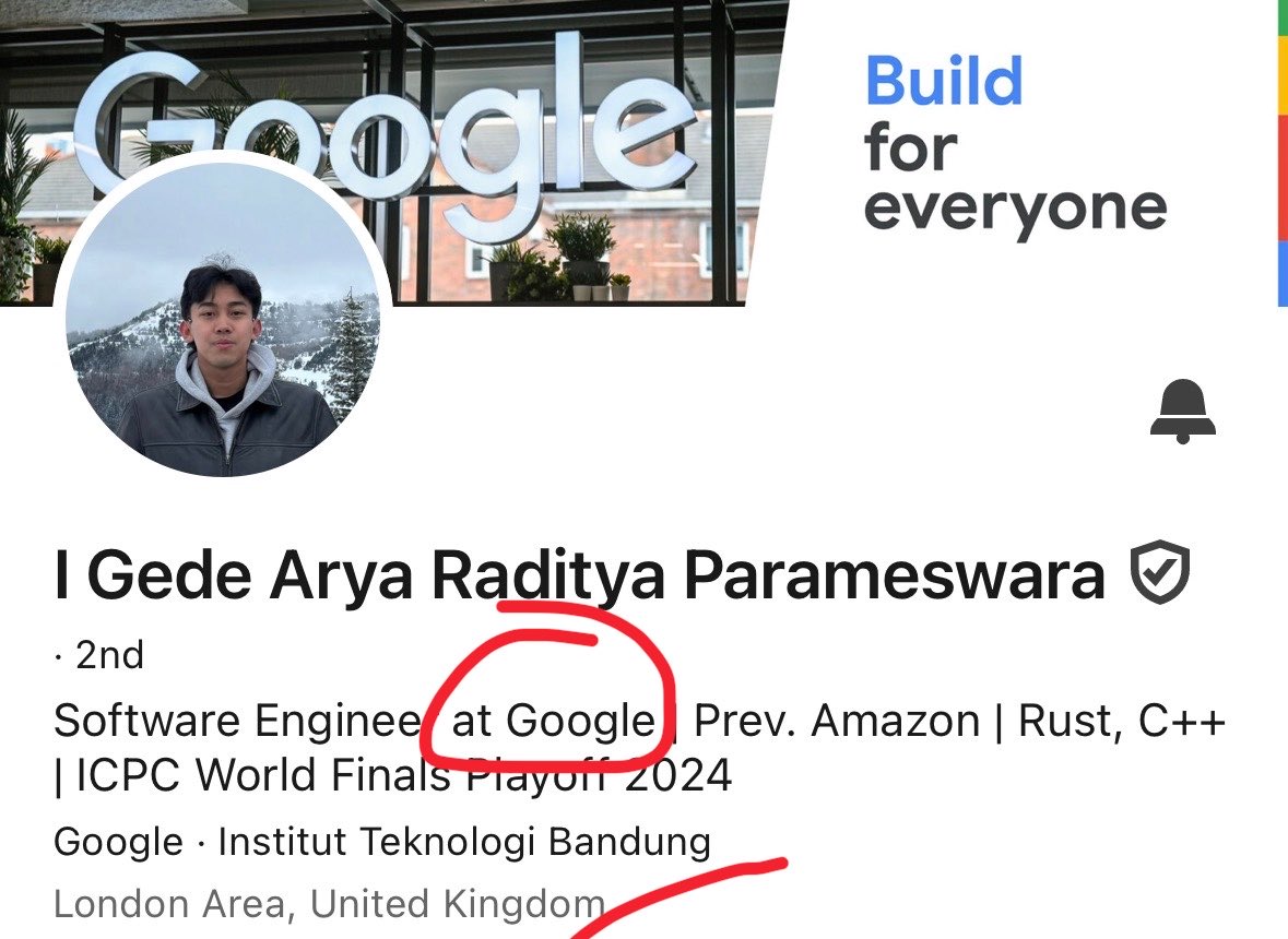 genzcorporation's tweet photo. One of most inspiring person this year!!

Anak ITB angkatan 2020 ini berhasil keterima kerja di Google, London!! 

Setelah Magang 4 Kali dan kerja full time di 4 company berbeda, total 8 kali ganti company!! 

masih mau bilang kalo kutu loncat itu ga loyal? ga profesional? hehe

Btw. dia masuk kuliah 2020 tapi di 2021 dia udah cobain intern sambil kuliah. Dia udh jauh mikir ke depan selagi orang2 masih pada sibuk nongkrong sana sini / kupu-kupu. Patut ditiru nih..