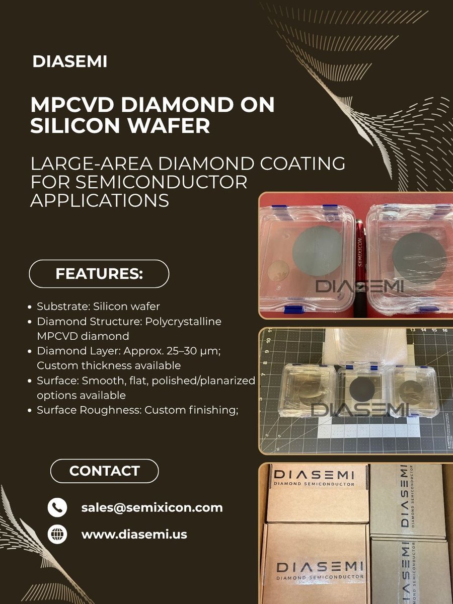 Maryli8868's tweet photo. DIASEMI CVD Diamond on Silicon Wafer https://t.co/DSDKrzN0NX #DiamondOnSilicon #DiamondCoatedSilicon #DiamondFilm #PCDDiamond #UNCD #SiliconWafer #DiamondWafer #DiamondCoating #DiamondDeposition #HeatSpreader #HeatSink #ThermalSpreader #PowerElectronics #RFDevices #diamondwafer https://t.co/mSYoq7ObHV