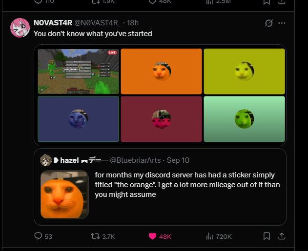cryptoWander4r's tweet photo. New "cat pfp cult" taking over the internet, this is so good!!!

It started when a discord turned a cat meme into an orange and now they are making cat pfp's for every kind of fruit!!!

The trend is called "fruitcats"

2M+ VIEWS, this is the perfect time to run a meme pfp coin, we havent had something this genny in ages!!!

Original tweet: https://t.co/xiKnrTNWtA

Check the comments👇

https://t.co/s62mVsavLR