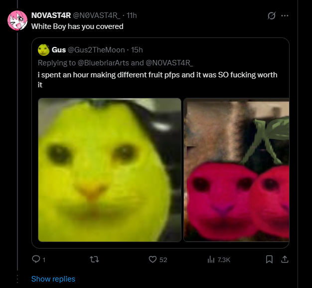 cryptoWander4r's tweet photo. New "cat pfp cult" taking over the internet, this is so good!!!

It started when a discord turned a cat meme into an orange and now they are making cat pfp's for every kind of fruit!!!

The trend is called "fruitcats"

2M+ VIEWS, this is the perfect time to run a meme pfp coin, we havent had something this genny in ages!!!

Original tweet: https://t.co/xiKnrTNWtA

Check the comments👇

https://t.co/s62mVsavLR